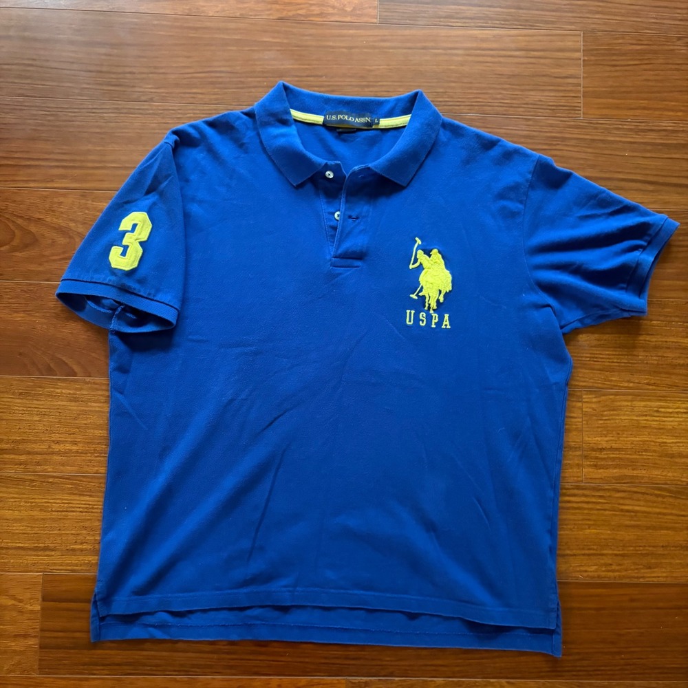 USPA Big Pony Mens Polo Shirt Size Large Blue Yellow Short Sleeve Cotton